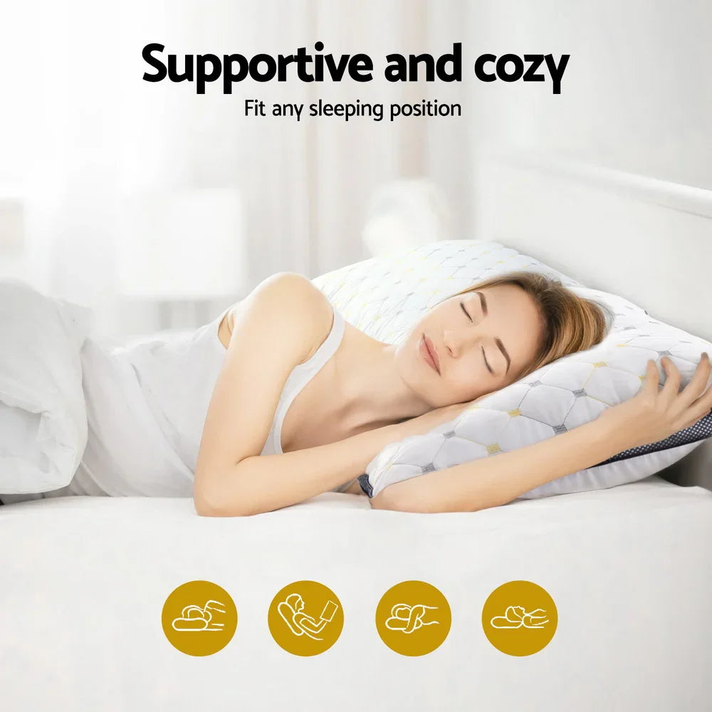 Woman sleeping comfortably on a supportive, cozy pillow with a white and gray geometric pattern