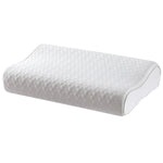 White contoured memory foam pillow with textured hexagonal pattern and green piping