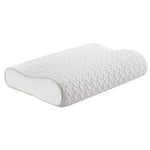 White ergonomic memory foam pillow with textured hexagonal pattern and contour shape