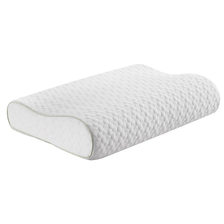 White ergonomic memory foam pillow with textured hexagonal pattern and contour shape