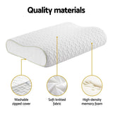 White contoured memory foam pillow with washable zipped cover and soft knitted fabric
