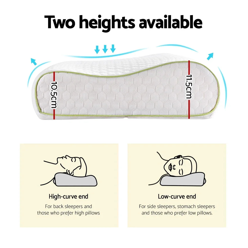 White contour memory foam pillow with two heights, 10.5cm and 11.5cm, for back and side sleepers