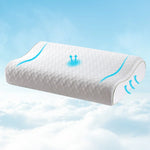 White ergonomic memory foam pillow with textured surface and blue airflow icons floating above clouds