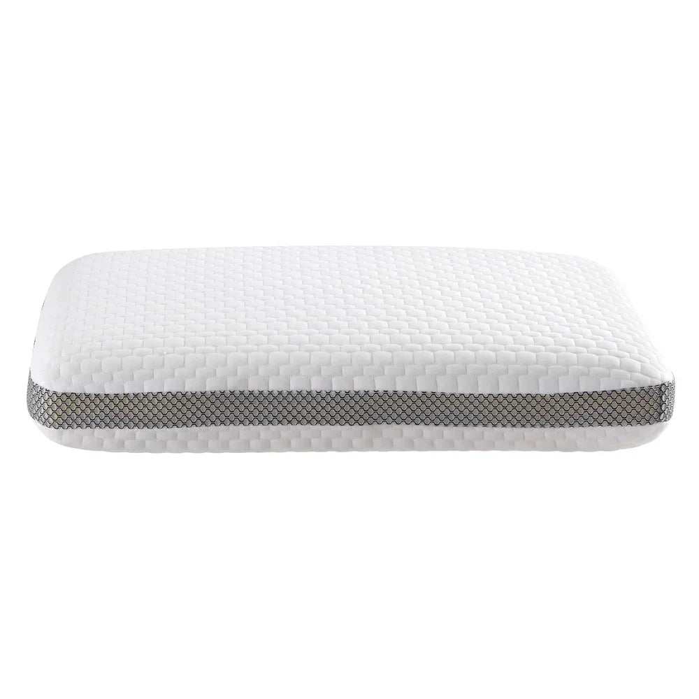 White rectangular pillow with textured cover and gray patterned side panel on white background