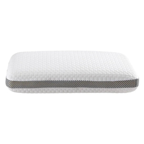 White rectangular pillow with textured cover and gray patterned side panel on white background