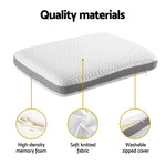 White memory foam pillow with soft knitted fabric and washable zipped cover, shown with quality material highlights