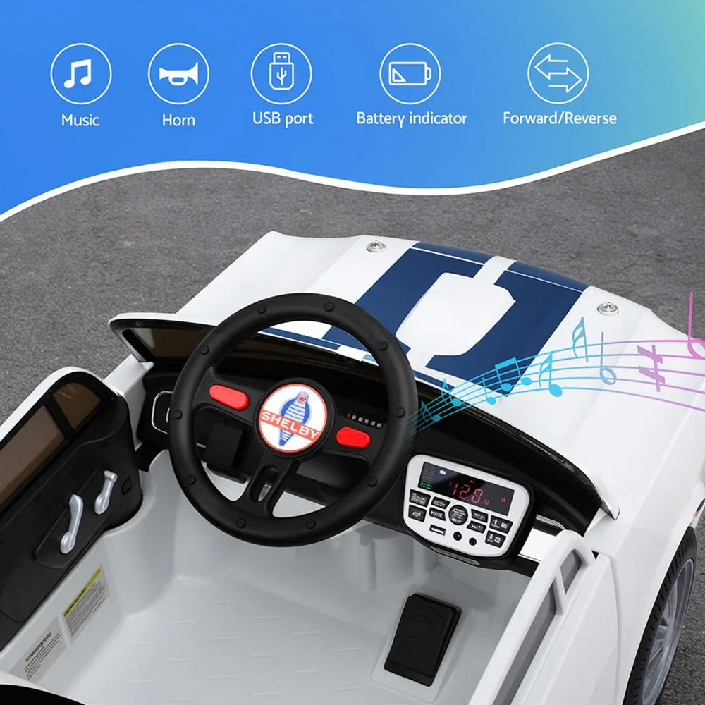 Licensed GT350 Kids Electric Ride On Car - White Sports Car with Music & Remote