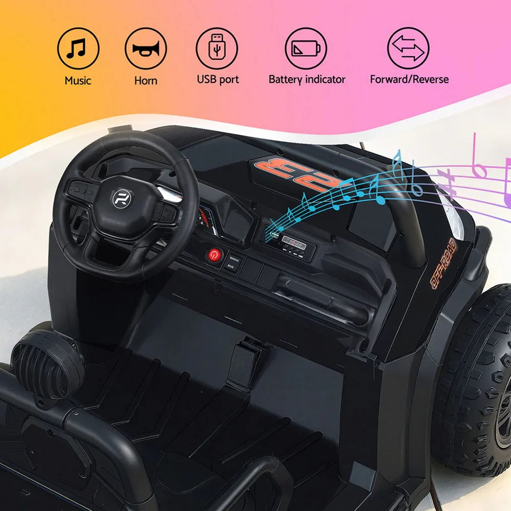 Rigo Kids Electric Ride On UTV Black - 2-Seater Off-Road Car with Remote, Music & Headlights