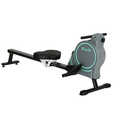 Everfit black rowing machine with padded seat and footrests on white background
