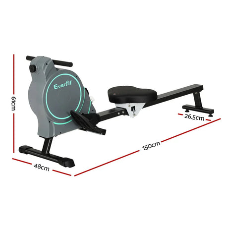 Everfit rowing machine with black seat and dimensions, home gym fitness equipment