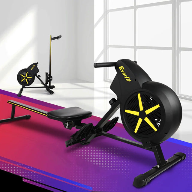 Everfit rowing machine with yellow accents in modern home gym setting, cardio fitness equipment