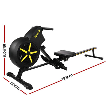 Everfit rowing machine black with yellow details, labeled dimensions 192x60x68.5cm