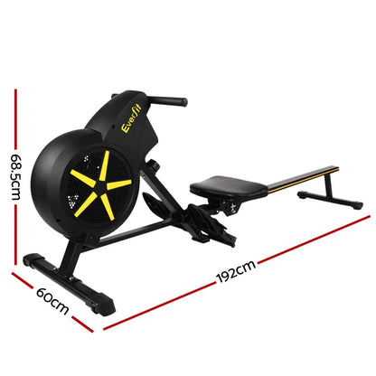 Everfit rowing machine black with yellow details, labeled dimensions 192x60x68.5cm