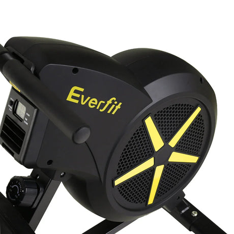 Everfit rowing machine black and yellow flywheel with digital display and resistance knob