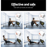 Man using rowing machine in gym, demonstrating exercise positions and muscle groups worked