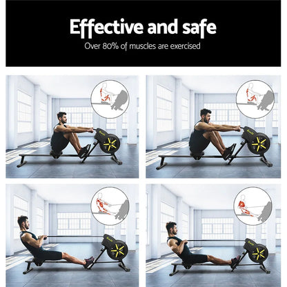 Man using rowing machine in gym, demonstrating exercise positions and muscle groups worked