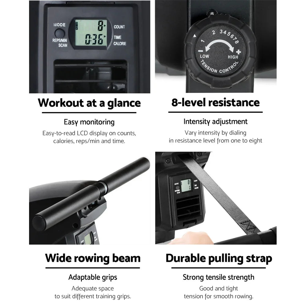 Rowing machine features LCD display, 8-level resistance knob, wide beam, and durable strap.