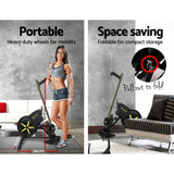 Portable foldable rowing machine in modern room, woman in workout clothes, space-saving fitness equipment