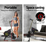 Portable folding rowing machine with heavy-duty wheels, compact home gym equipment