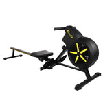 Everfit black and yellow rowing machine with flywheel, seat, and footrests on white background
