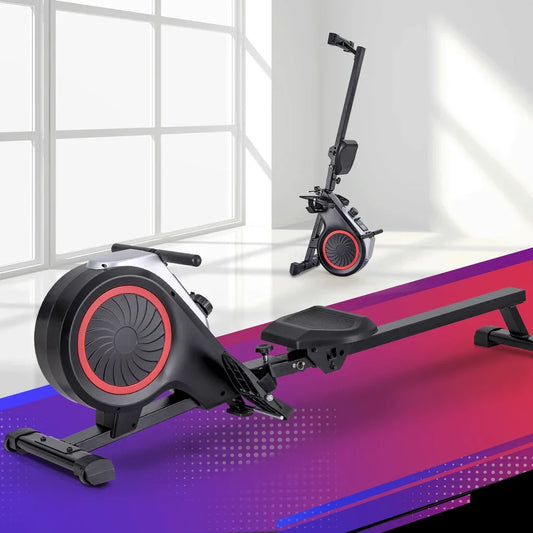 Black rowing machine with red accents in a modern room, foldable for easy storage