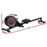 Black rowing machine with seat and foot pedals, product dimensions labeled in centimeters