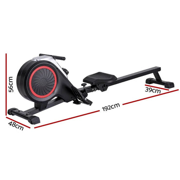 Black rowing machine with seat and foot pedals, product dimensions labeled in centimeters