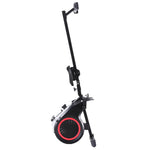 Folded black rowing machine with red accents, compact home gym fitness equipment
