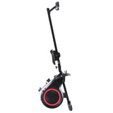 Folded black rowing machine with red accents, compact home gym fitness equipment