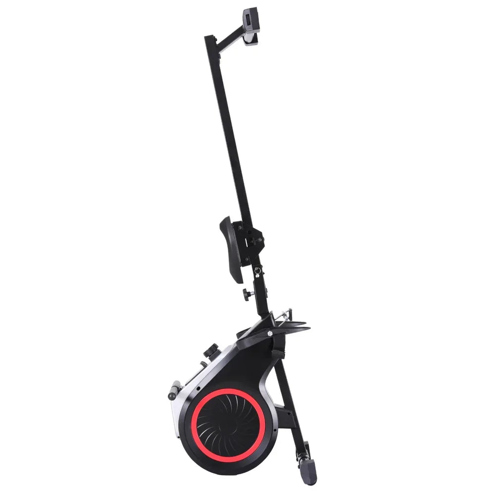 Folded black rowing machine with red accents, compact home gym fitness equipment