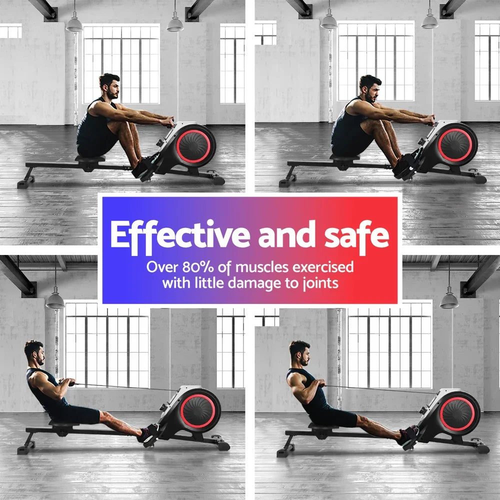 Man demonstrating rowing machine workout in a spacious gym with large windows, effective and safe fitness equipment.