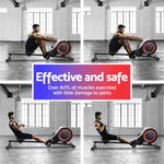 Man demonstrating rowing machine workout in a spacious gym with large windows, effective and safe fitness equipment.