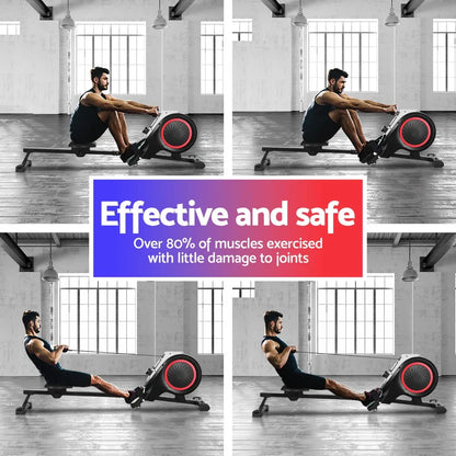 Man demonstrating rowing machine workout in a spacious gym with large windows, effective and safe fitness equipment.