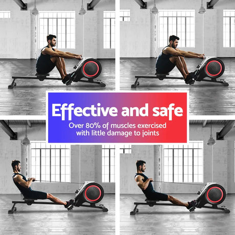 Man demonstrating rowing machine workout in a spacious gym with large windows, effective and safe fitness equipment.