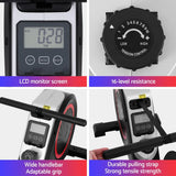 Rowing machine with LCD screen, 16-level resistance, wide handlebar, and durable strap
