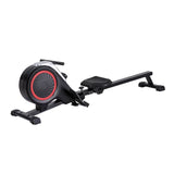 Black rowing machine with red accents on a white background, stationary fitness equipment
