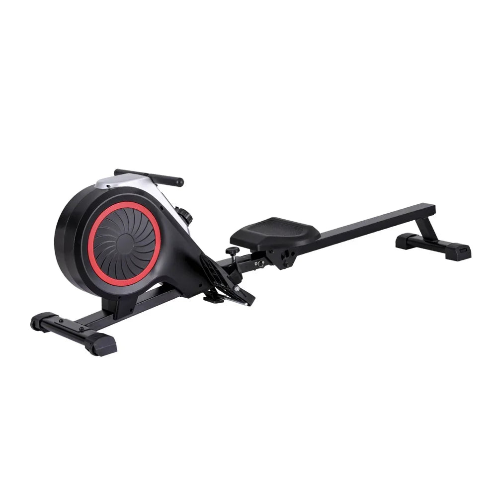 Black rowing machine with red accents on a white background, stationary fitness equipment