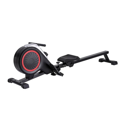 Black rowing machine with red accents on a white background, stationary fitness equipment