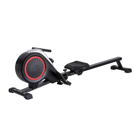 Black rowing machine with red accents on a white background, stationary fitness equipment