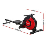 Everfit rowing machine with seat, handlebar, and red flywheel, dimensions labeled