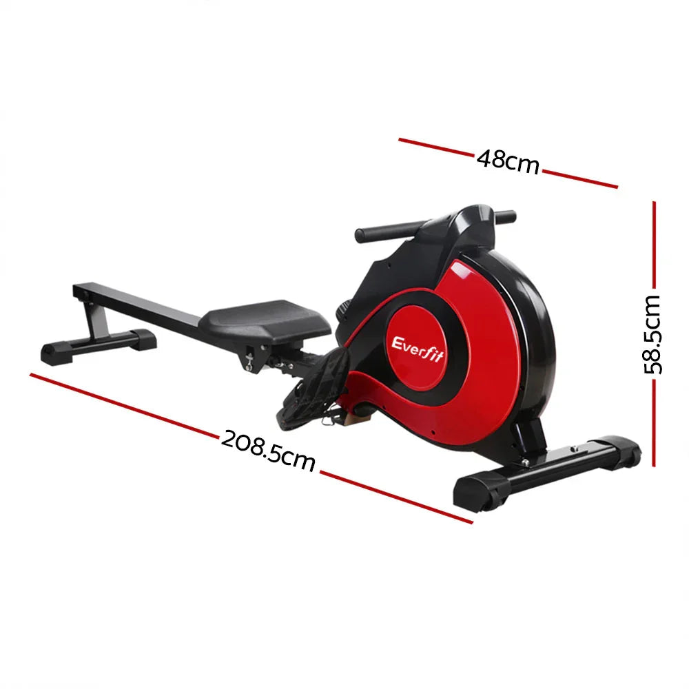 Everfit rowing machine with seat, handlebar, and red flywheel, dimensions labeled
