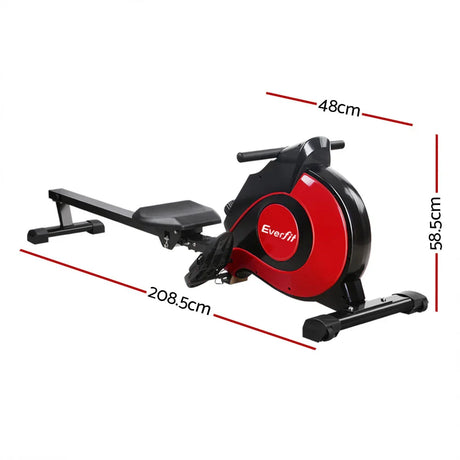 Everfit rowing machine with seat, handlebar, and red flywheel, dimensions labeled