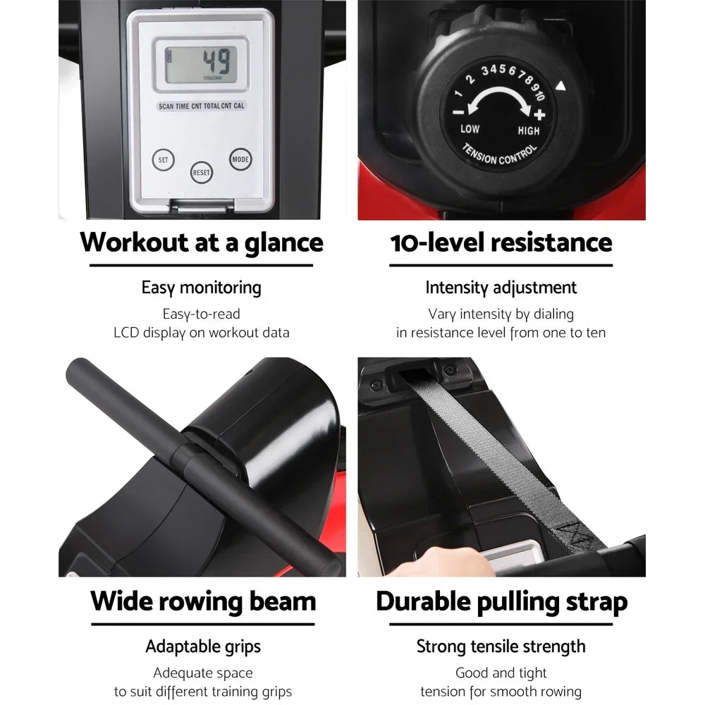 Rowing machine features LCD display, 10-level resistance dial, wide beam, and durable strap