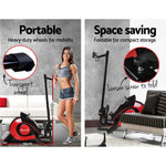 Portable foldable rowing machine Everfit with wheels, shown in living room setting for space saving