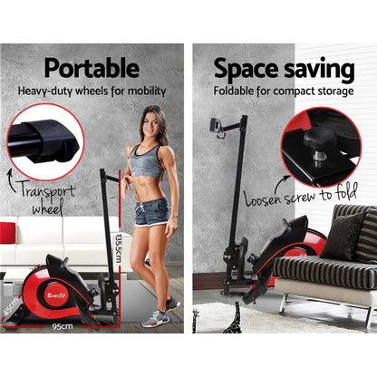 Portable foldable rowing machine Everfit with wheels, shown in living room setting for space saving
