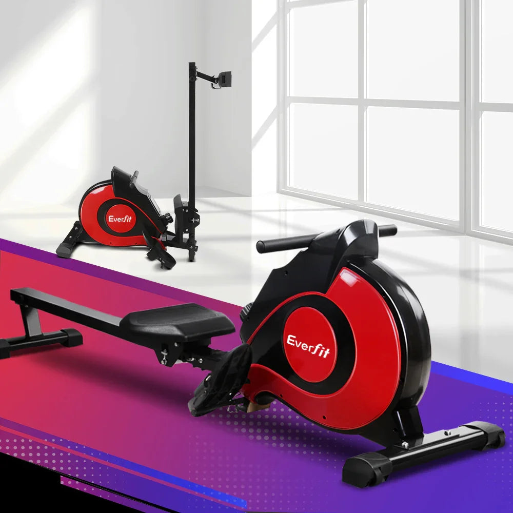 Everfit rowing machine in modern gym with large windows and colorful floor