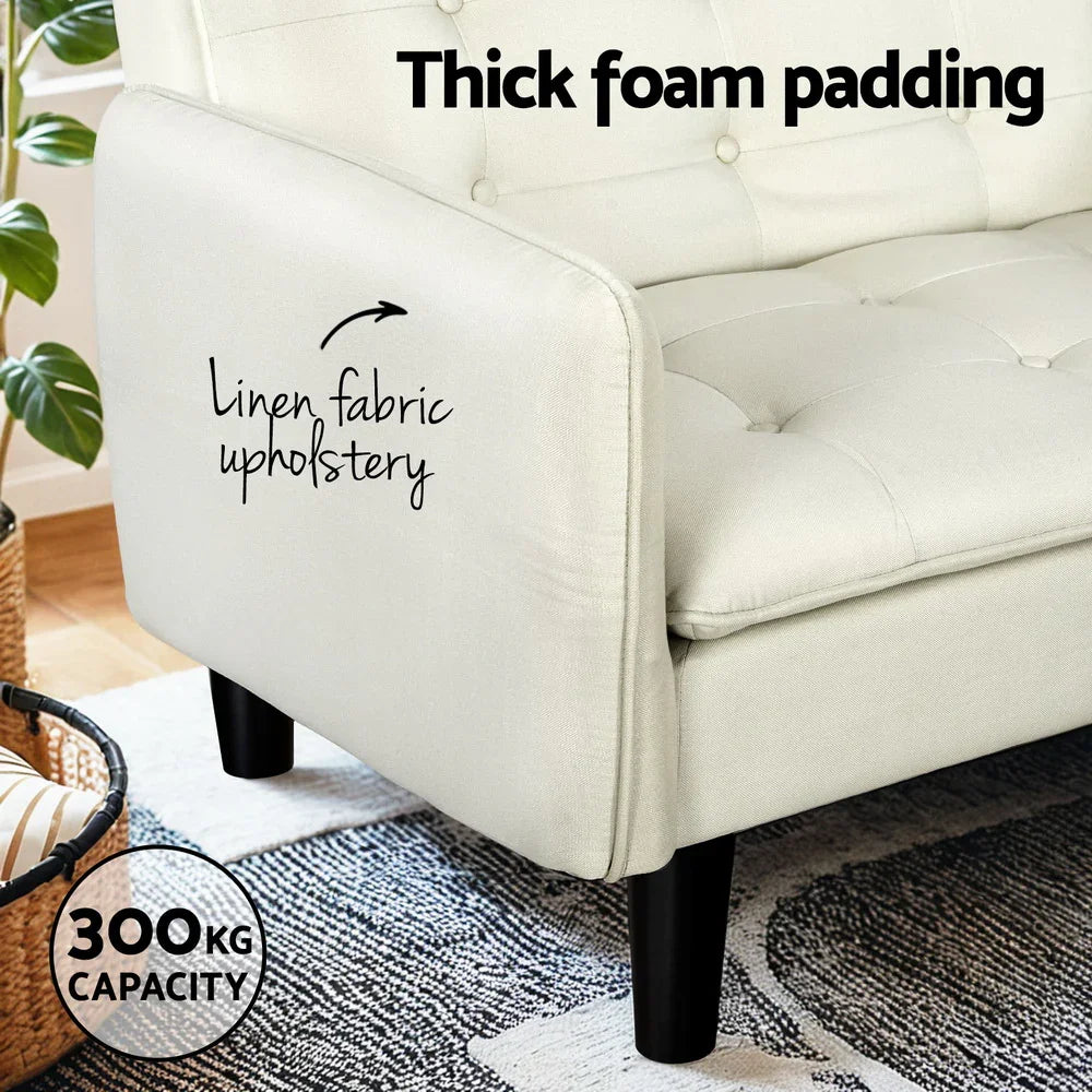 Artiss Sofa Bed 3 Seater Tufted Faux Linen Beige - Flea Market