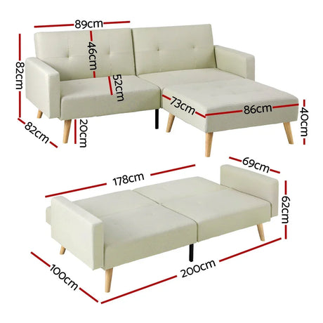 Artiss Sofa Bed Lounge Convertible Ottoman Couch Recliner 3 Seater Fabric Beige - Flea Market