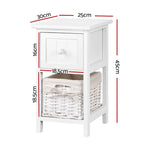 White bedside cabinet with drawer and wicker basket, dimensions labeled in centimeters