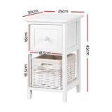 White bedside cabinet with drawer and wicker basket, dimensions labeled in centimeters